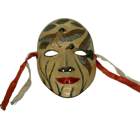 Vtg. Brass Mask Hand Painted Birds Enamel Wall Art Theater Decor - Picture 2 of 9